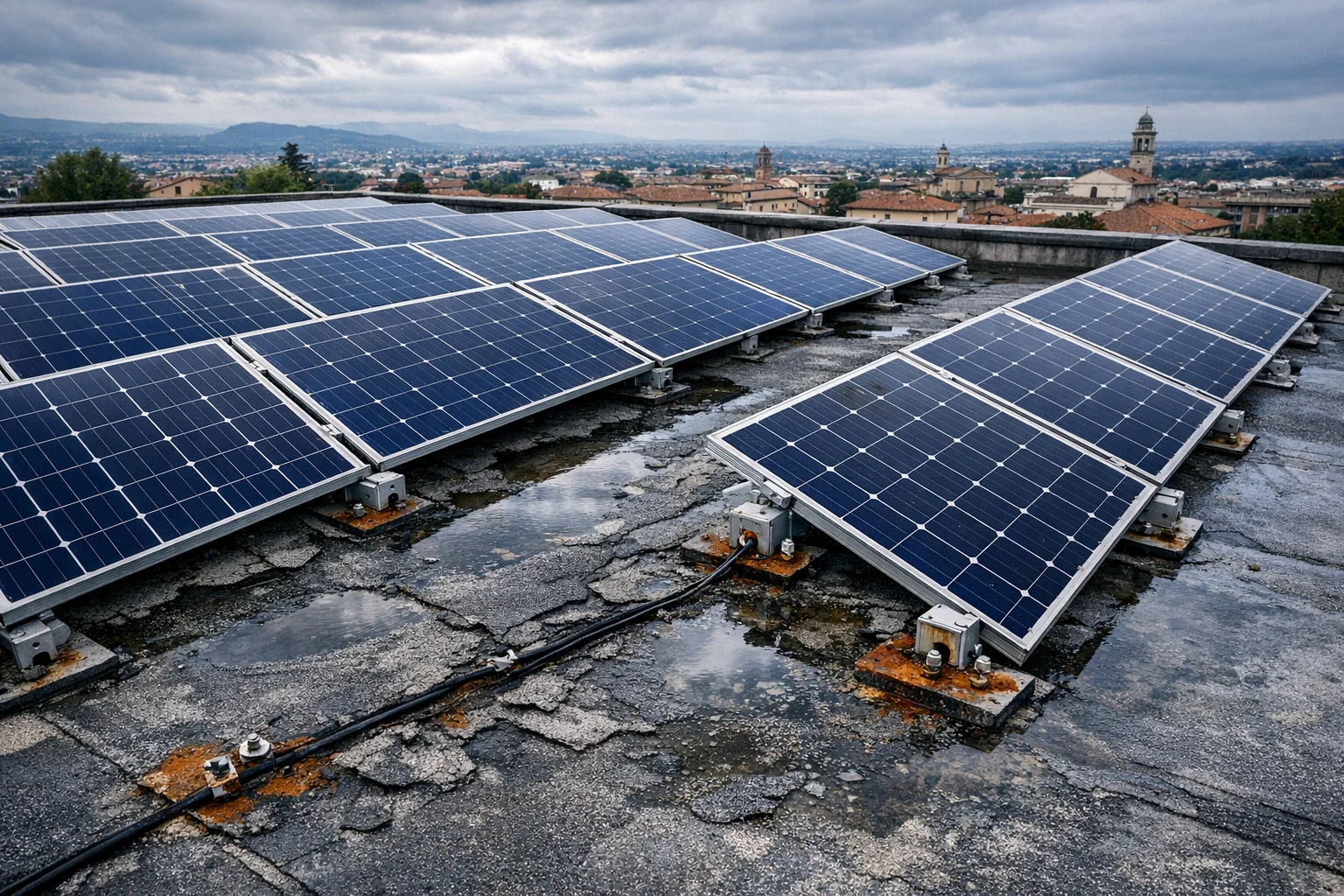 Copertina: Tetto con fotovoltaico che perde: impermeabilizzare senza smontare i pannelli (costi, tecniche, responsabilita 2026)